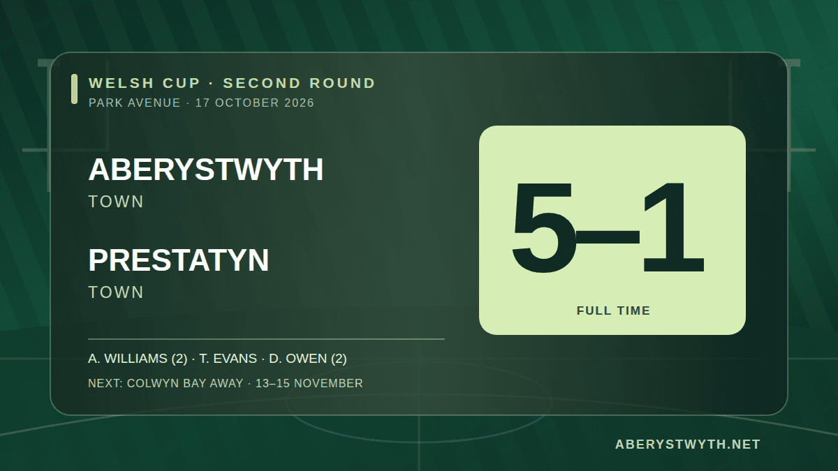 Aberystwyth Town beat Prestatyn 5–1 to reach Welsh Cup last 32 visual